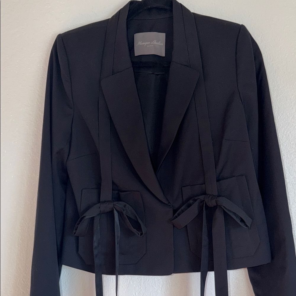 Monique Lhuillier Black wedding guest evening Blazer with Ribbon Detail